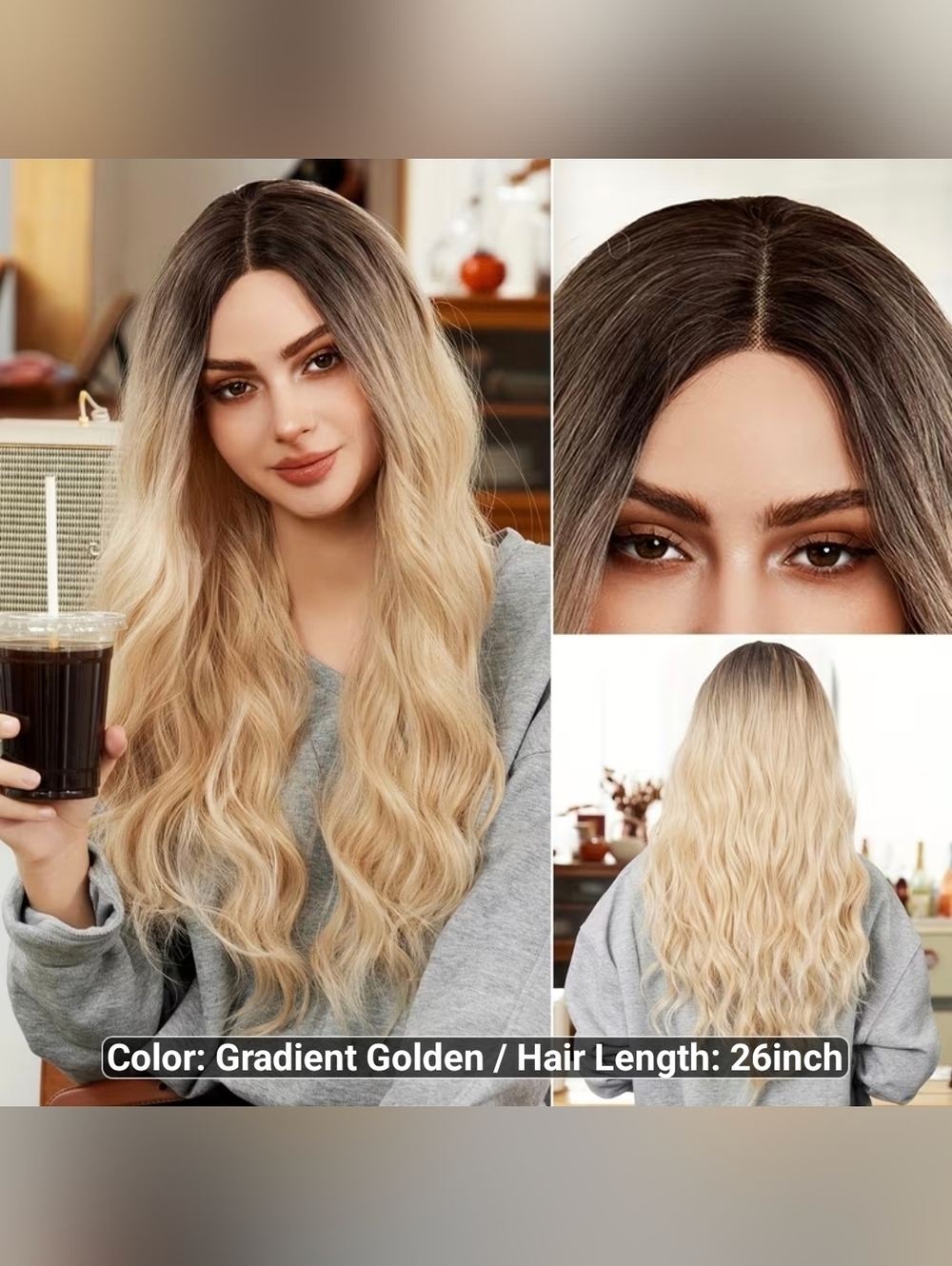 Long Gradient Golden Champagne Ombre Wig with Natural Dark Roots - 26in